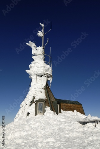 Snow-covered vanted box on the top of Saentis - Kanton of Apenzell, Ausserrhoden, Switzerland, Europe., Europe photo