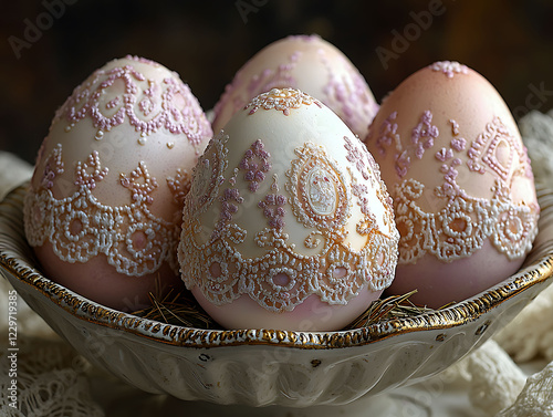 Elegant Easter eggs, delicately adorned with lacelike patterns in soft pink and white, rest in a vintage bowl. photo