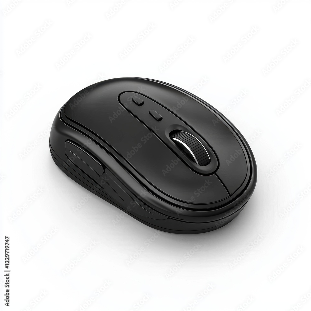 compact wireless mouse in matte black with ergonomic curves, placed on a bright white background compact wireless mouse in matte black with ergonomic curves, placed on a bright white background