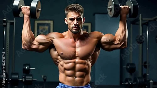 Muscular shirtless man, weightlifting, dumbbells overhead press, defined abs, athletic physique, gym setting, intense expression, dark background, dramatic lighting, bodybuilding, fitness photography,