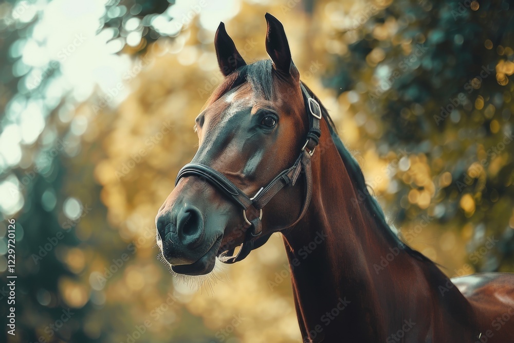 Obraz premium Majestic brown horse stands gracefully in a sunlit forest with vibrant autumn foliage. Close-up