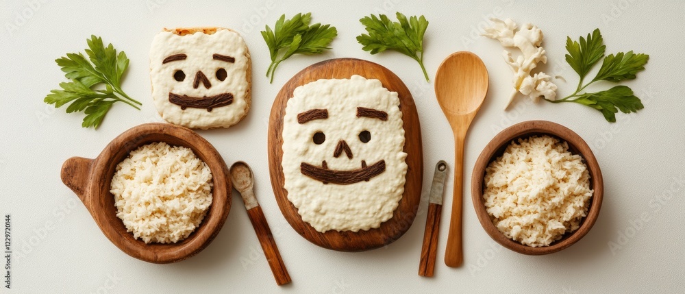 Wooden spoon with rice and a playful face design on a rustic wooden background Wooden spoon with rice and a playful face design on a rustic wooden background