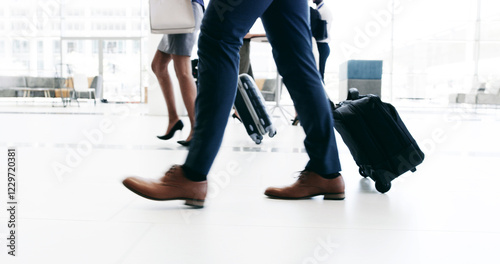 Bild auf Leinwand Business, suitcase and walking with passenger in airport terminal for international travel or trip
