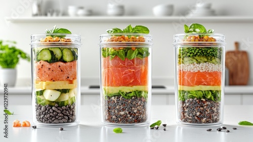 Fototapeta Naklejka Na Ścianę i Meble -  Three containers filled with assorted types of food including fruits vegetables and grains