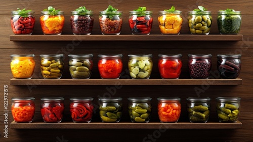 Shelf displaying assorted jars filled with pickled fruits in various shapes and sizes