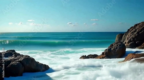 Ocean waves, rocky coastline, turquoise water, blue sky, wispy clouds, sunlit beach, dramatic cliffs, coastal landscape, serene seascape, crashing surf, vibrant colors, nature 