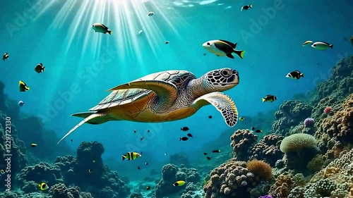 Underwater scene, sea turtle swimming, coral reef, tropical fish, sunbeams penetrating water, vibrant blue ocean, marine life, digital art, photorealistic, 