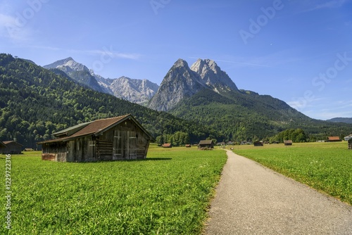 Via Claudia Augusta long-distance cycle path, Zugspitze at the back, mountain landscape, Alpine crossing, Tegernauweg, near Grainau, Garmisch-Partenkirchen, Upper Bavaria, Bavaria, Germany, Europe photo