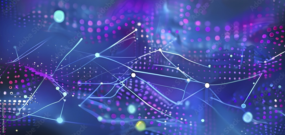 Obraz premium Artificial intelligence, lines, dots and pattern, vibrant blue and purple hues, abstract wallpaper illustration, AI generated