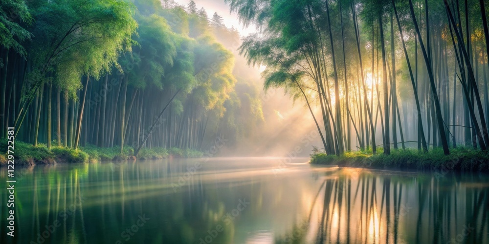 Serene Dawn Golden Rays Illuminate a Misty Bamboo Forest Reflecting on Calm Waters Serene Dawn Golden Rays Illuminate a Misty Bamboo Forest Reflecting on Calm Waters