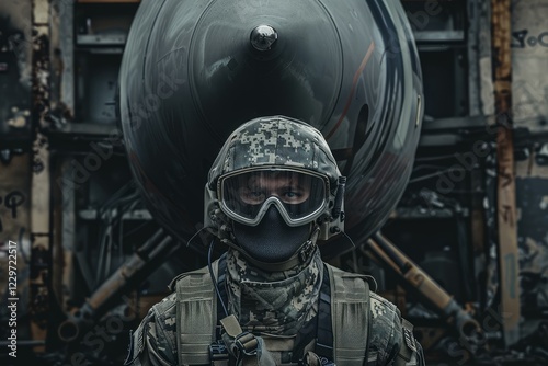 Soldier in camouflage uniform and protective gear standing near a missile, embodying military power