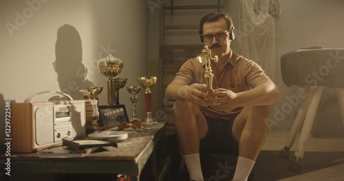Obraz na plátně Athlete Reflects on Sports Trophies in Vintage Gym Setting