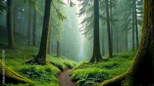 Misty forest path, ethereal green atmosphere, towering evergreen trees, mossy forest floor, sunbeams filtering through fog, enchanted woodland scene, lush undergrowth, 
