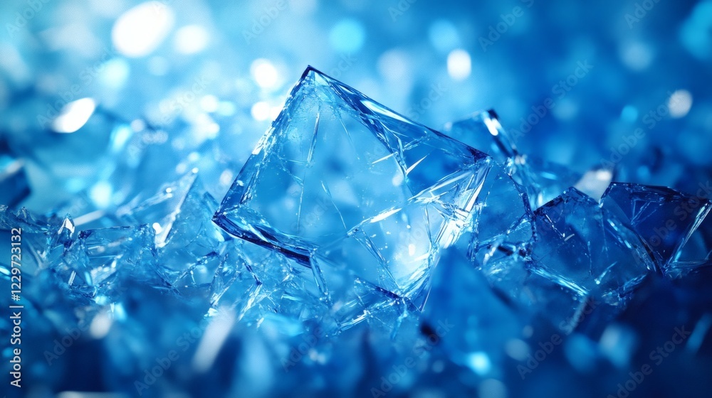 Jagged blue shards of glass scattered randomly across light abstract background forming sharp geometric patterns with reflective surfaces and glowing highlights Jagged blue shards of glass scattered randomly across light abstract background forming sharp geometric patterns with reflective surfaces and glowing highlights