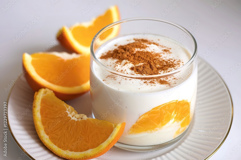 a glass containing homemade sweet yogurt, topped with orange pieces a glass containing homemade sweet yogurt, topped with orange pieces