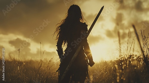 Warrior sunset silhouette, field,  powerful, fantasy