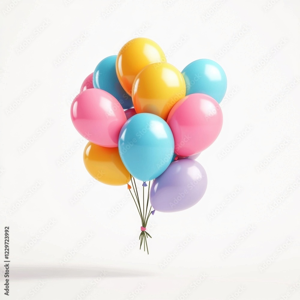 bunch of colorful balloons tied together, hovering in the air, placed on a bright white background