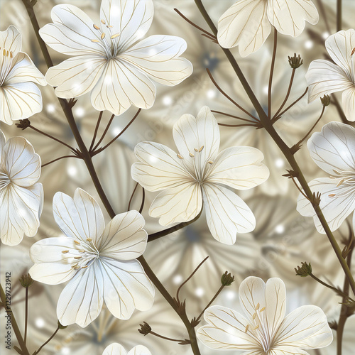 Elegant flowers pattern with white blossoms and branches on beige background