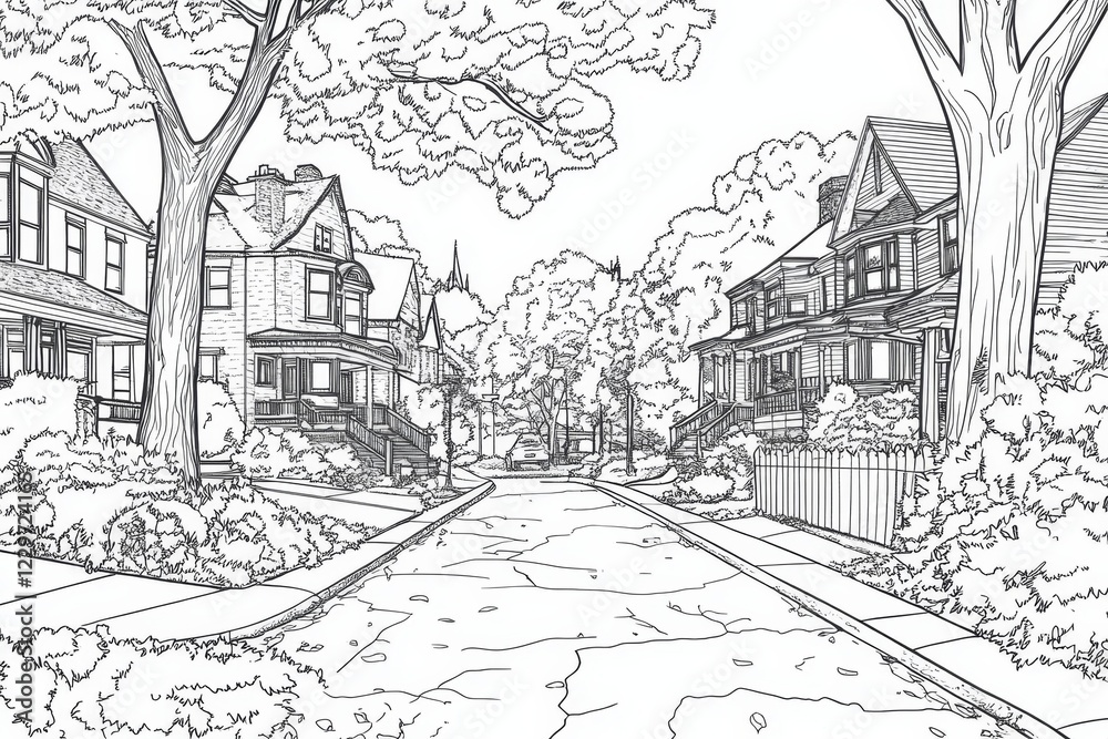 Obraz premium Charming Neighborhood Street Scene Drawing