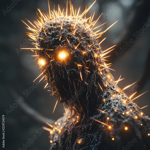 A mysterious creature made entirely of cactus spines, fantasy horror, eerie glow photo