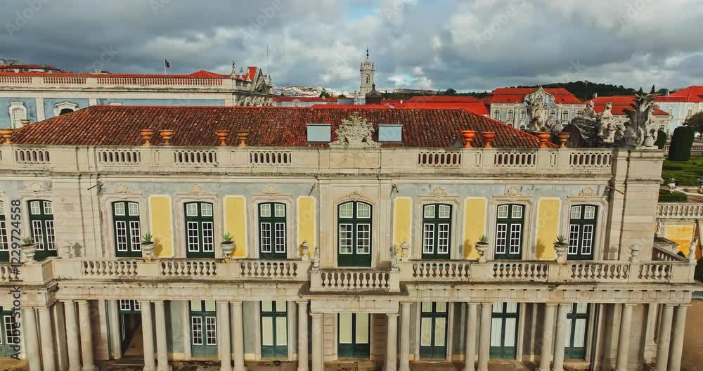 Stunning Rococo Architecture Palacio De Queluz Portugal Vibrant Summer Day Aerial Zoom Out Rise Stunning Rococo Architecture Palacio De Queluz Portugal Vibrant Summer Day Aerial Zoom Out Rise