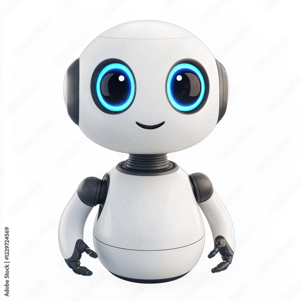 friendly robot with a round white body, blue glowing eyes, and a digital smile, isolated on a clean white background friendly robot with a round white body, blue glowing eyes, and a digital smile, isolated on a clean white background