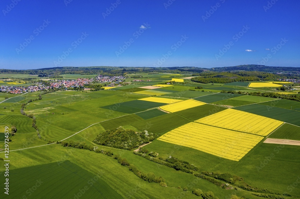 Fototapeta premium Drone shot, agriculture with cereal fields and flowering rape fields, Usingen, Schwalbach, Hochtaunuskreis, Hesse, Germany, Europe