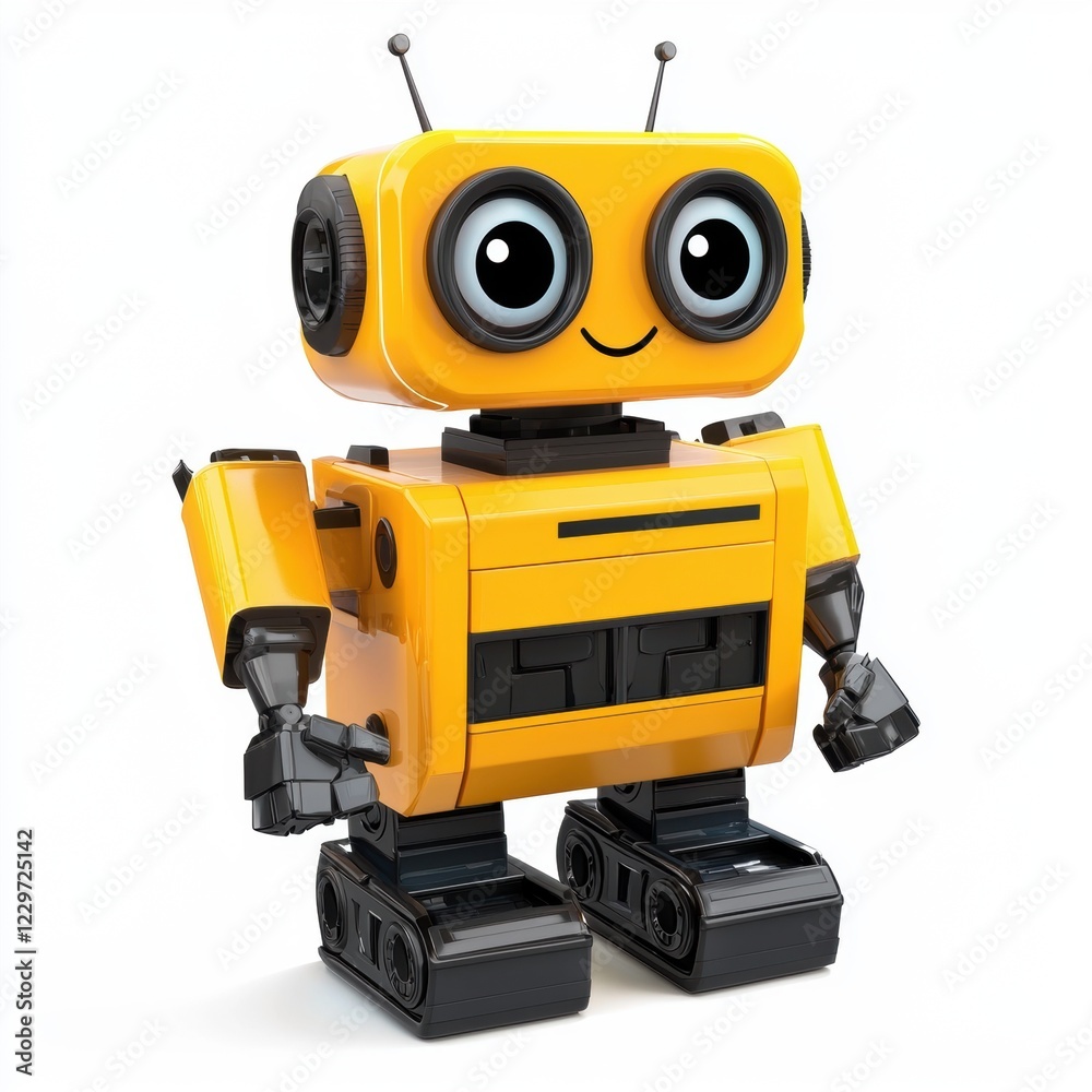 Obraz premium futuristic recycling robot with built-in compartments for sorting trash, smiling warmly, centered on a bright white background