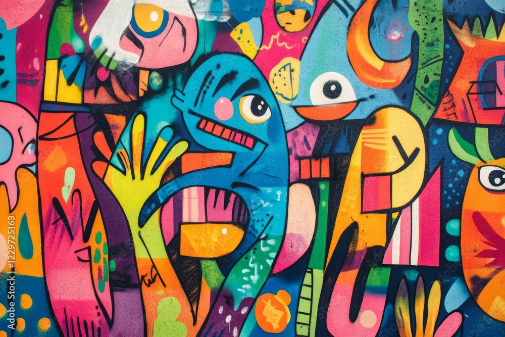 Fototapeta premium Vibrant cartoon monsters in abstract chaos. Neural network AI generated