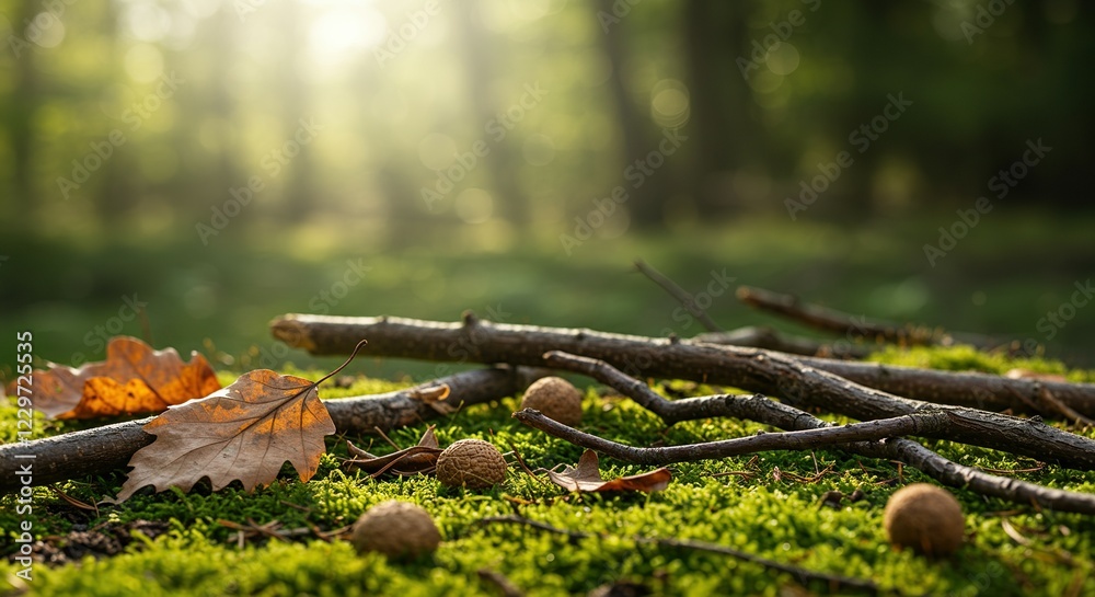 Fototapeta premium Serene Forest Floor with Autumn Leaves and Twigs - Nature Background for Tranquil Designs.