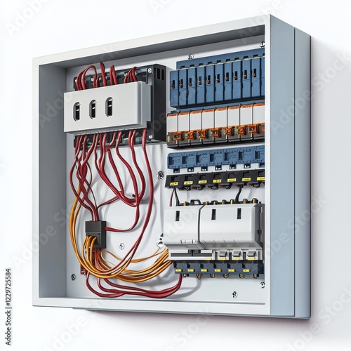 circuit breaker box with an open panel, showing wires and switches, isolated on a clean white background photo