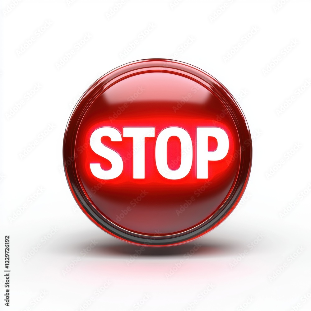 glowing red STOP button with bold white text, centered on a clean white background glowing red STOP button with bold white text, centered on a clean white background