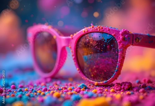 Celebrate Holi with this fun image of pink sunglasses and colorful powder with a bokeh background photo