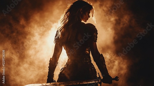 Warrior woman, sword, smoke, battle, fantasy, game concept