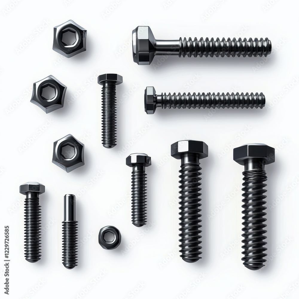 collection of bolts in different sizes, placed on a bright white background collection of bolts in different sizes, placed on a bright white background