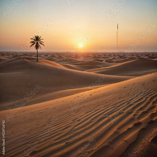 The image depicts a serene desert landscape at sunset, with rippled sand dunes stretching to the horizon and a solitary palm tree standing prominently in the foreground. The warm glow of the setting s photo