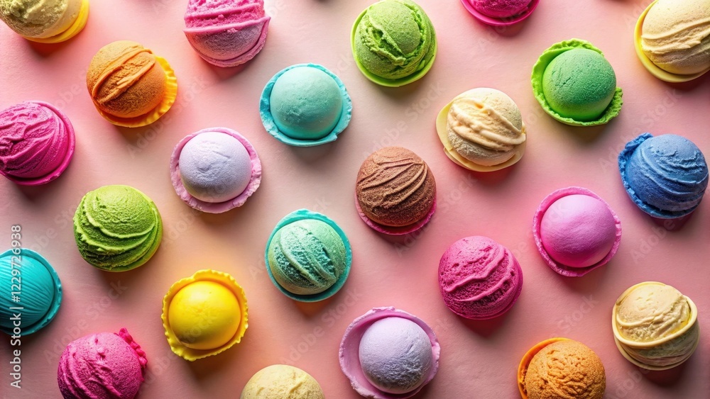 Obraz premium A delightful arrangement of colorful ice cream scoops, each nestled in a pastel-hued cup, creates a vibrant and sweet pattern against a soft pink background.