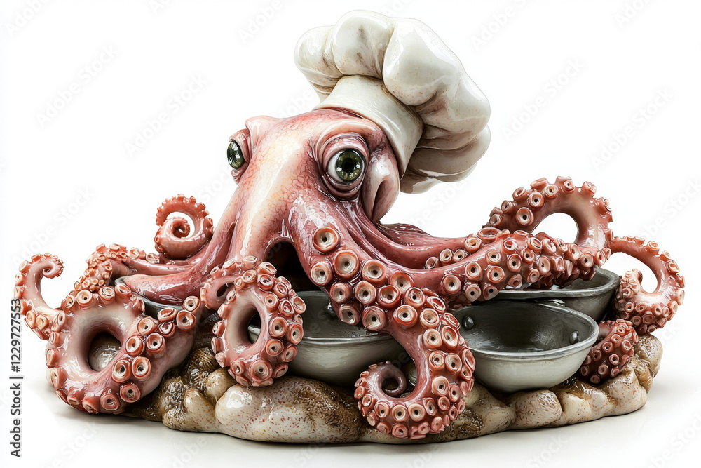 Obraz premium Chef octopus figurine with multiple bowls.