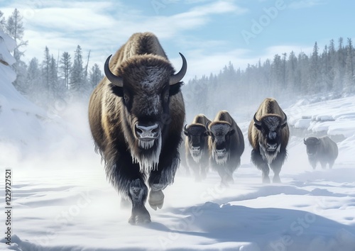 A herd of bison trudging through a snowy landscape exuding strength and resilience, AI generated