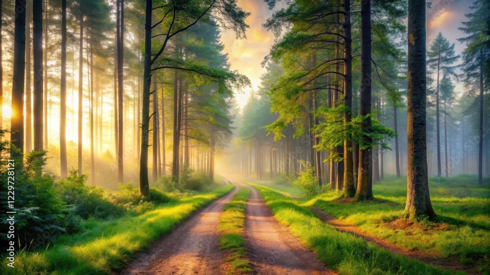 Fototapeta premium A serene and misty forest landscape at dawn with tall trees and a winding path leading into the distance, woods, path, woods