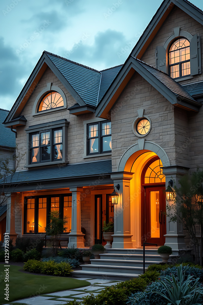 Luxury Stone House Exterior at Night: Real Estate Photography Luxury Stone House Exterior at Night: Real Estate Photography