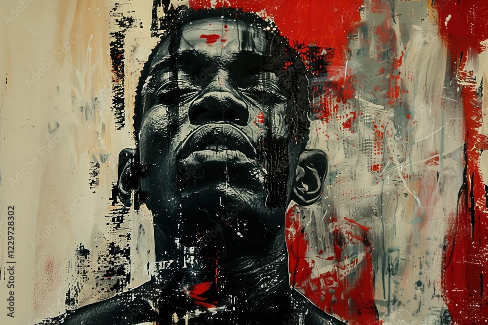 Naklejka premium A dramatic black-and-white expressionist painting of an African American man, layered with bold red strokes, symbolizing power, struggle, and resilience. .