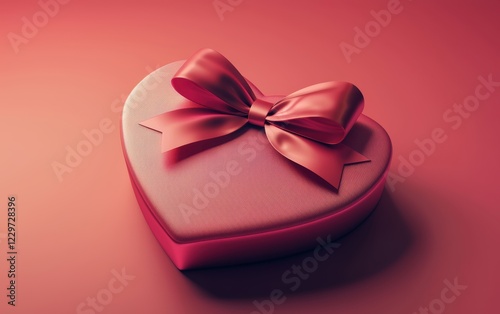 heart-shaped gift box with a satin bow, placed on a warm pink-to-red gradient background. Valentines Day and 8 March theme