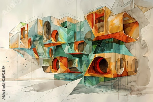 Dynamic abstract painting of architectural forms with geometric shapes and tubular elements, Bio architecture, Watercolor Aesthetics, AI generated
