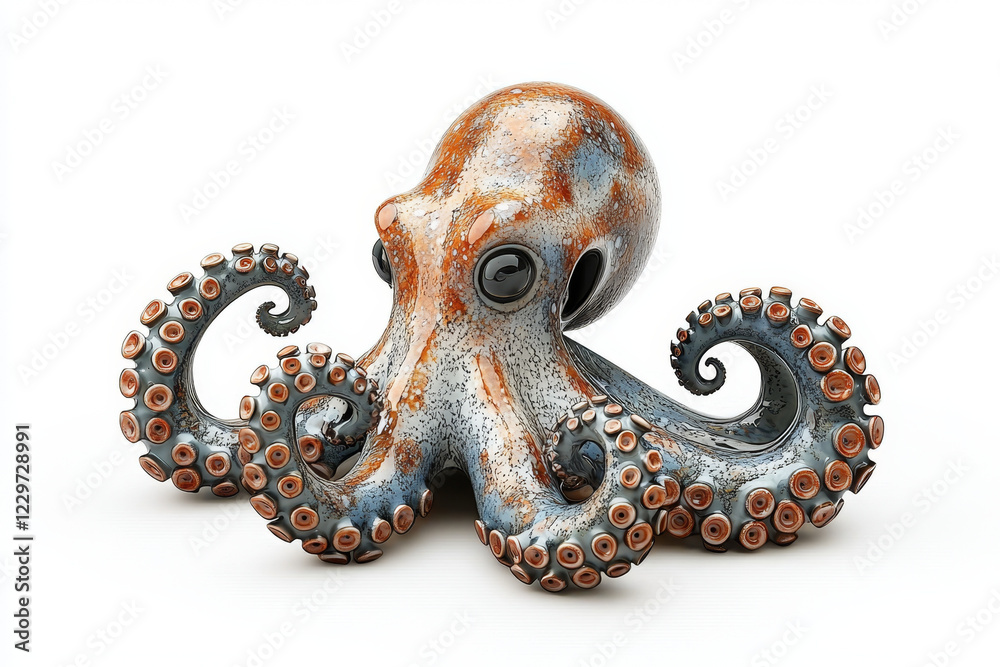 Obraz premium Ceramic octopus sculpture; detailed tentacles, mottled blue and orange glaze.