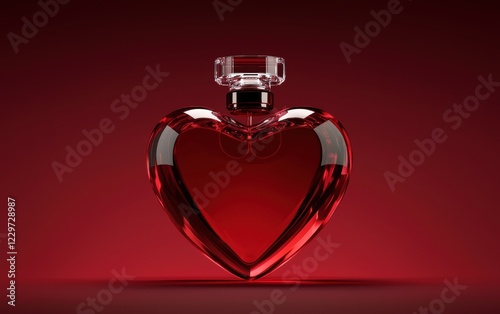 heart-shaped perfume bottle with a crystal stopper, placed on a deep red gradient background. Valentines Day and 8 March theme photo