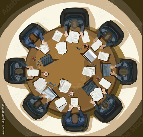 collegues bussines man sitting by big round table full of documents messy workplace conference meeting boss room lawyers, stock business company team illustration