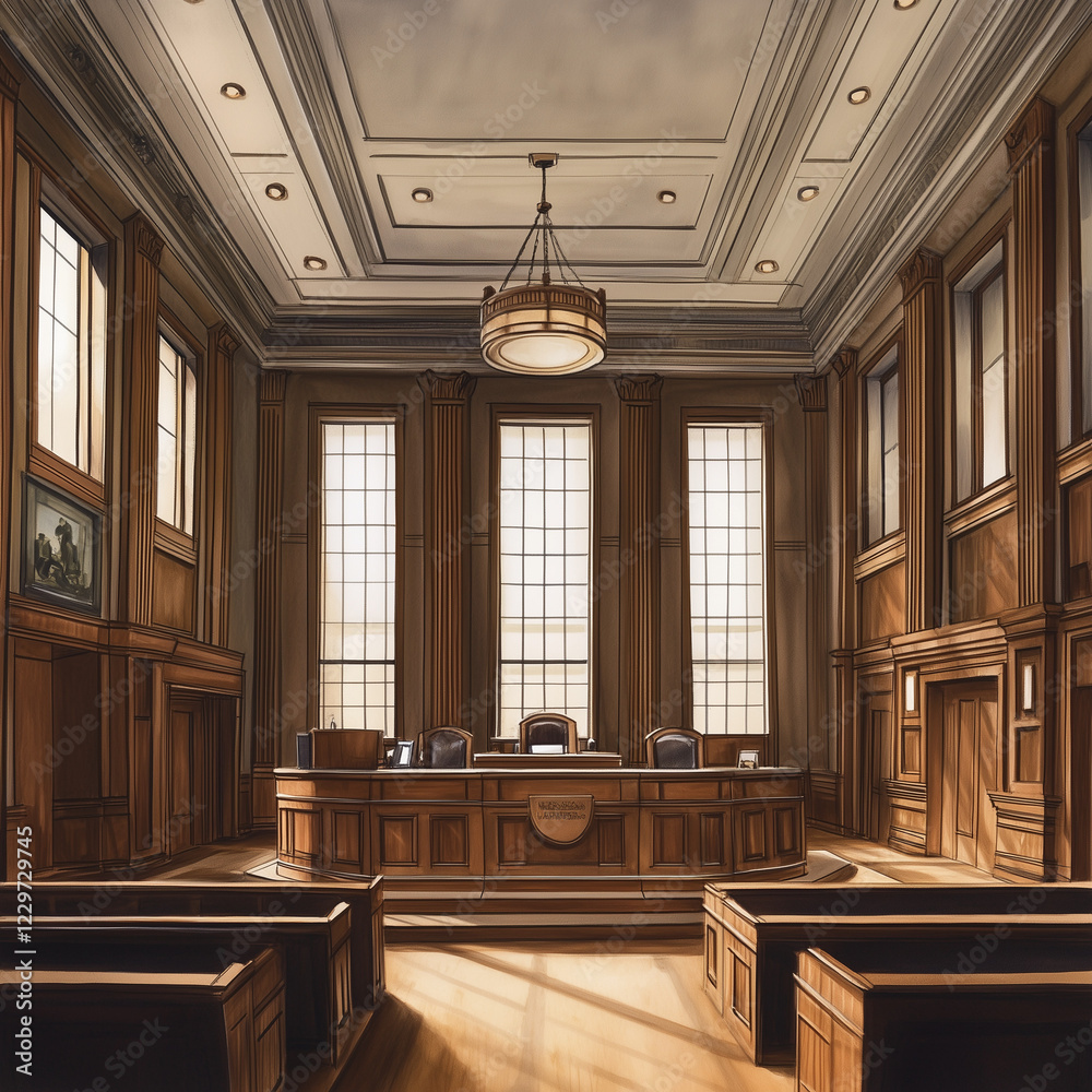 Fototapeta premium courtroom, large judge's desk in the middle, large windows, law