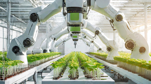 Futuristic biological laboratory. Robotic arms experiment with new indoor green cultivation methods photo