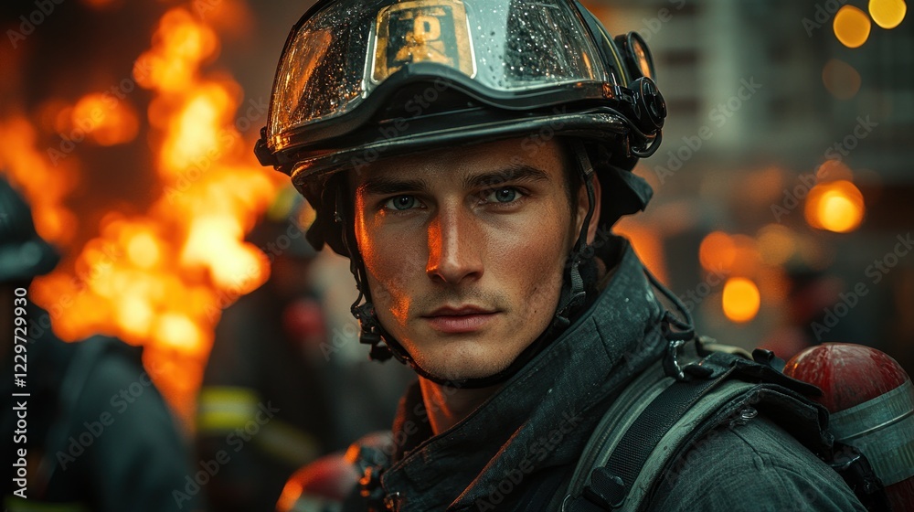 Firefighter portrait, intense blaze background. Firefighter portrait, intense blaze background.